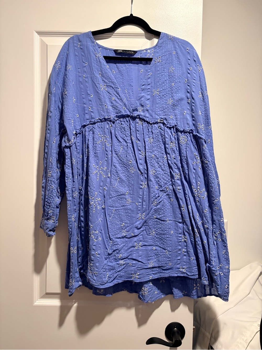 Zara Lavender-Blue Embroidered Peasant Tunic